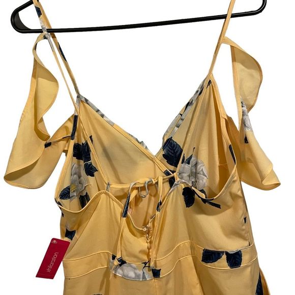 NEW Xhilaration Yellow Gray Romantic Floral Strappy Off the Shoulder Jumpsuit - Picture 5 of 8